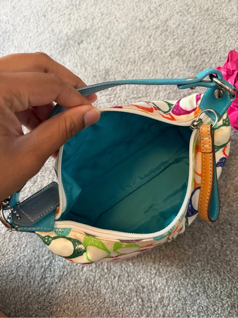 Coach Multicolor Signature Shoulder Bag with Teal Handle